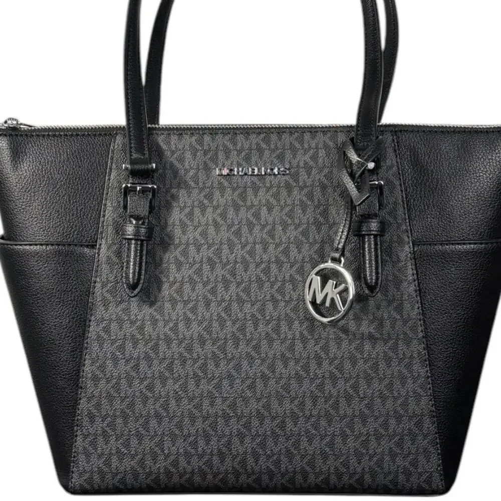 Michael Kors Charlotte Signature Logo Tote Bag Large Black Leather Zip‎ Top NWT